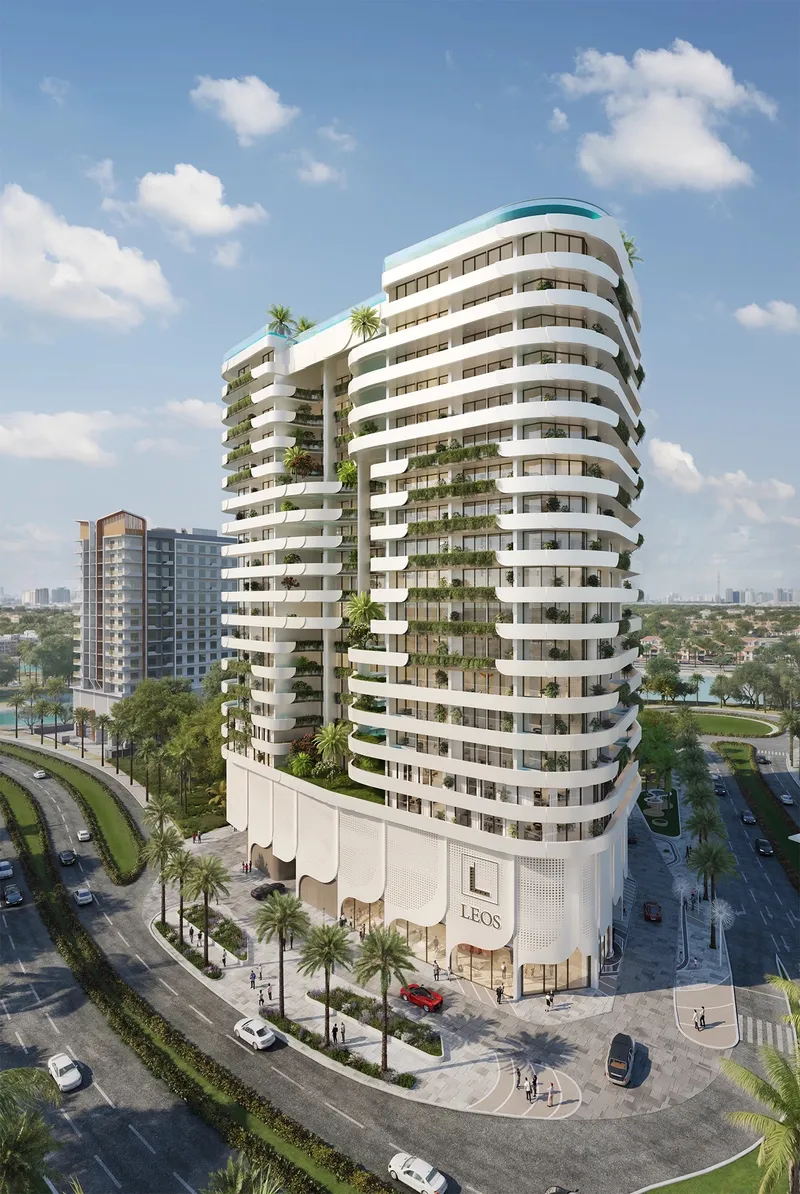 Daytime aerial render of Weybridge Gardens 4 showing the curved balconies, hanging greenery and the podium beside the road